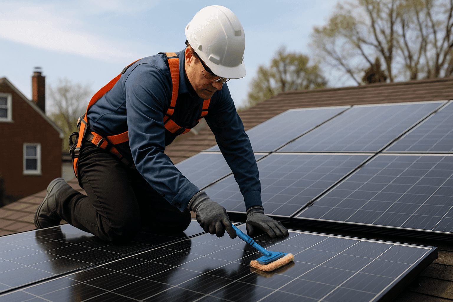 Técnico inspeccionando paneles solares limpios en un techo residencial