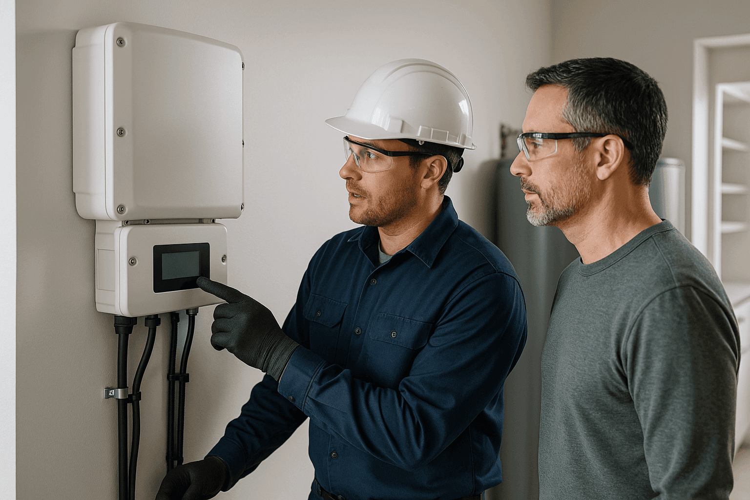 Propietario y técnico revisando inversor solar y equipo de monitoreo